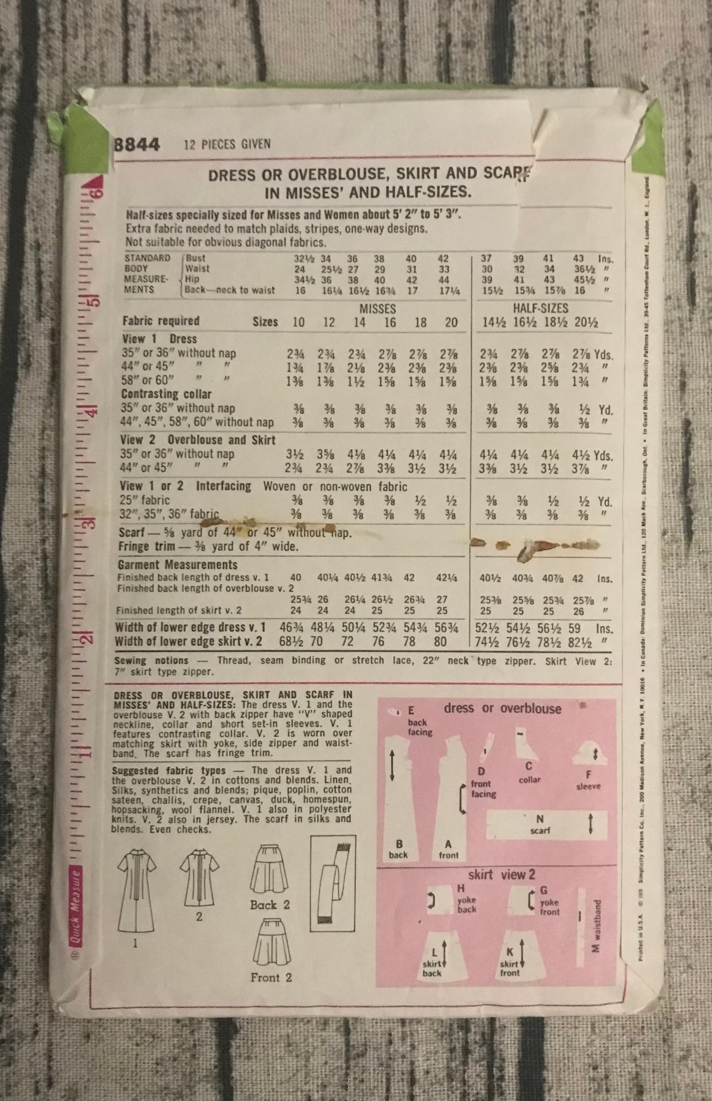 Simplicity 8844 Misses' Dress or Overblouse, Skirt & Scarf