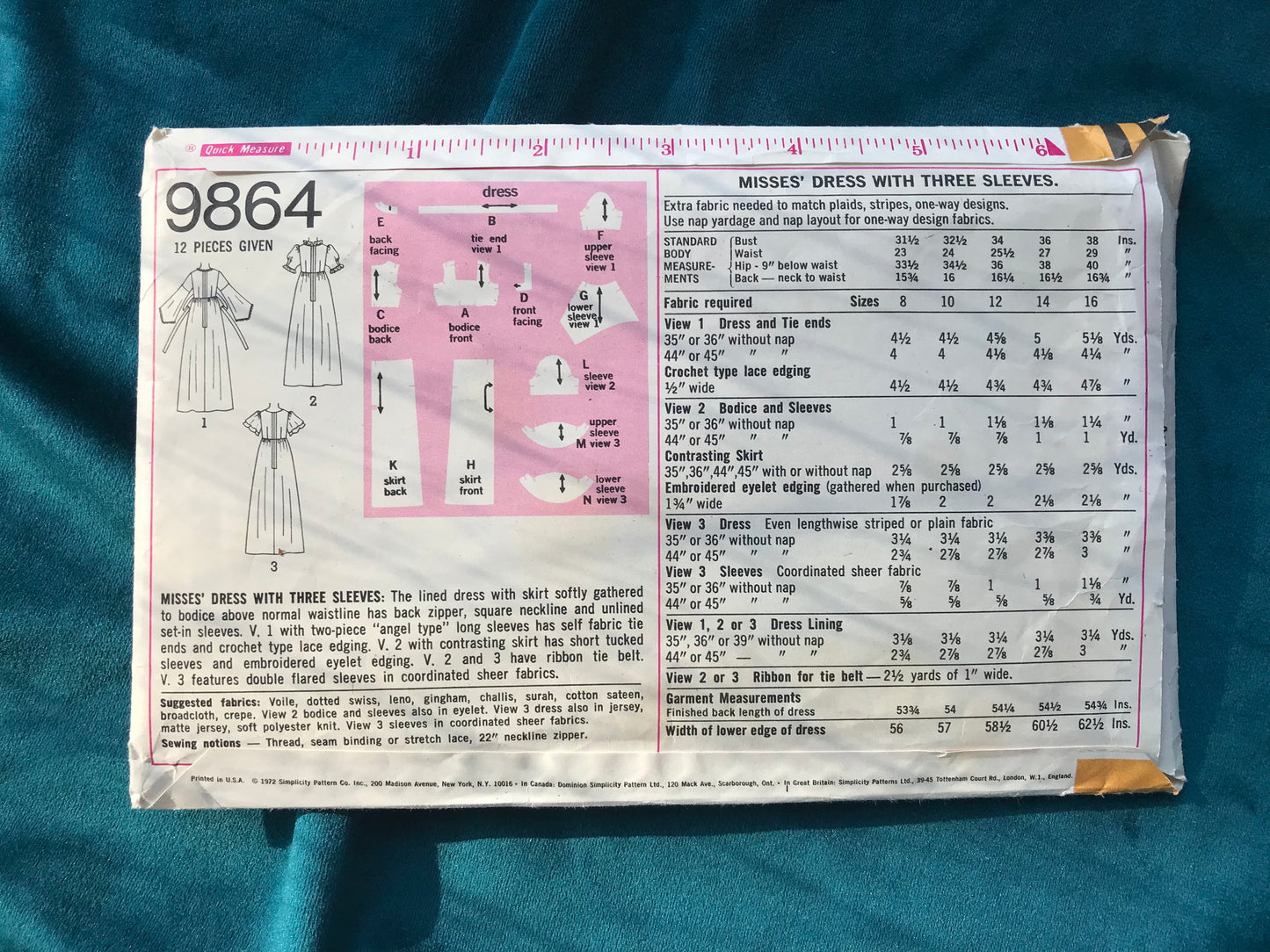 Simplicity 9864 Misses’ 1972 Dress Pattern
