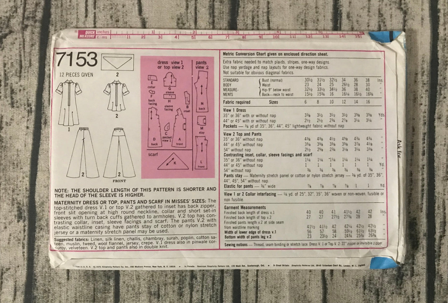 Simplicity 7153 Maternity Dress or Top, Pants and Hair Scarf