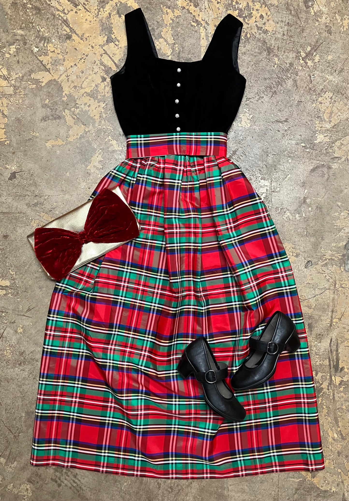Black Velvet and Tartan Plaid Taffeta Teena Paige Holiday Maxi Dress