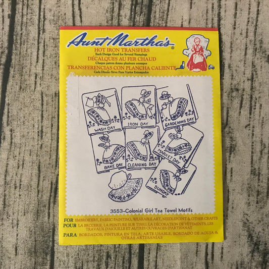 Aunt Martha’s 3553 Colonial Girl Tea Towel Hot Iron Transfers