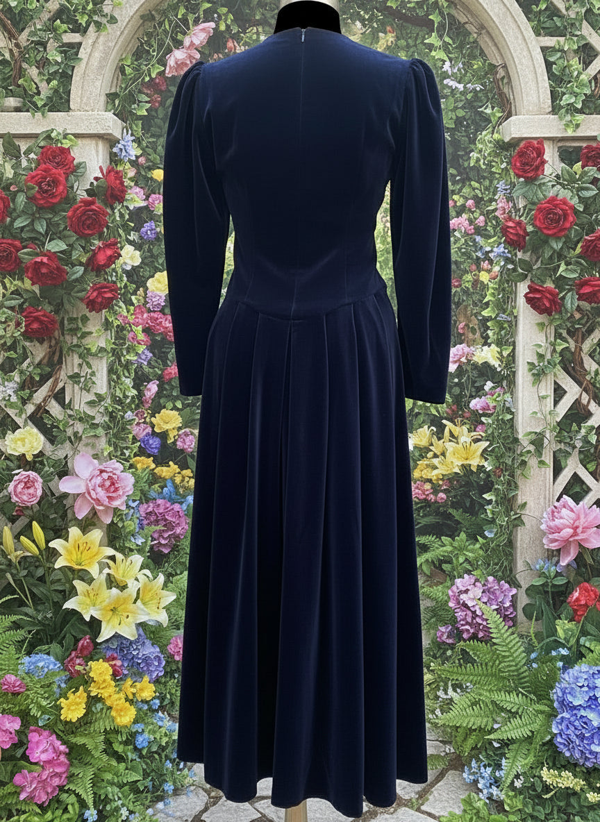 Midnight Blue Velvet Cottagecore Maxi Dress by Laura Ashley