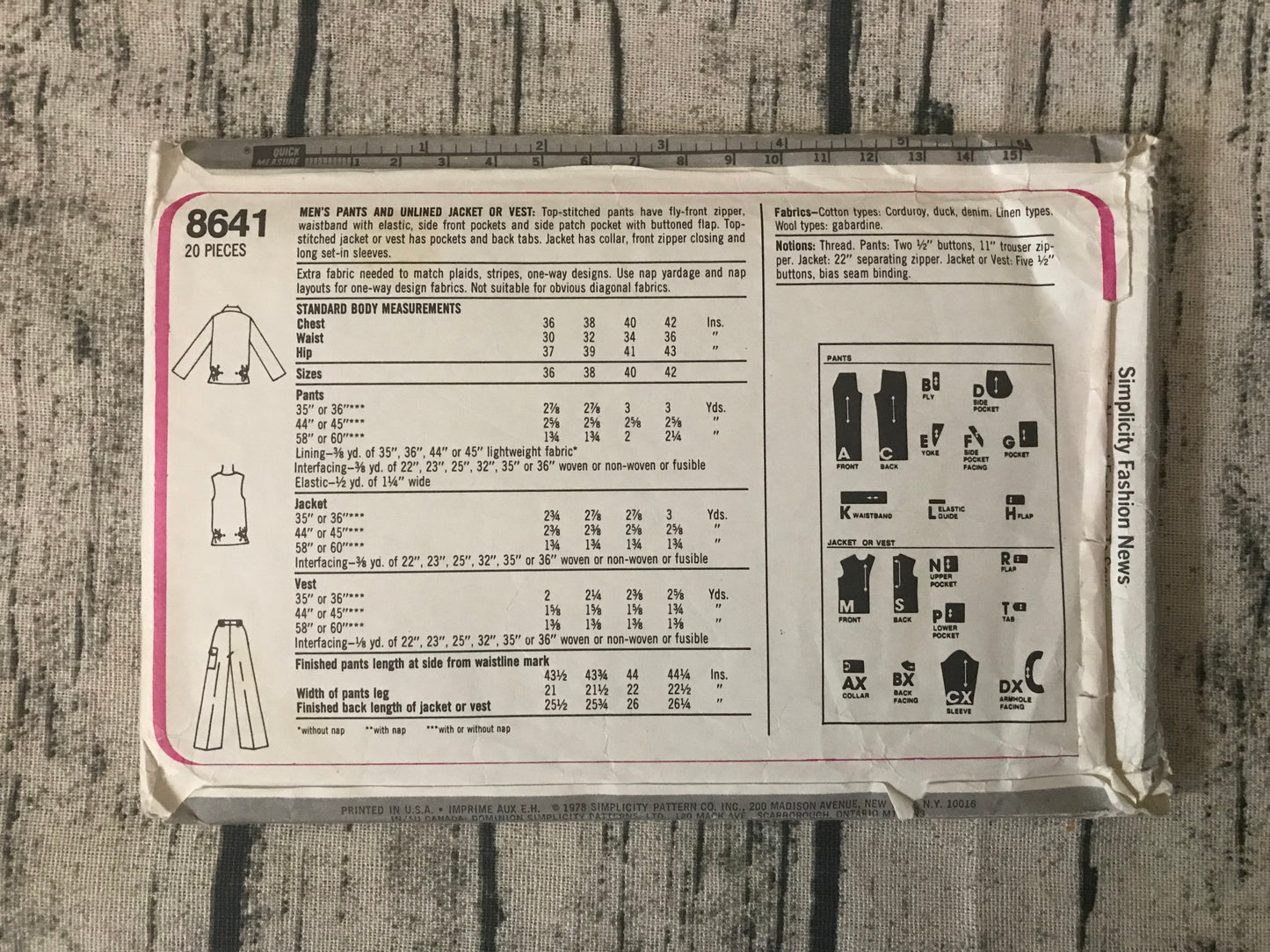 Simplicity 8641 Men's Pants and Unlined Jacket or Vest