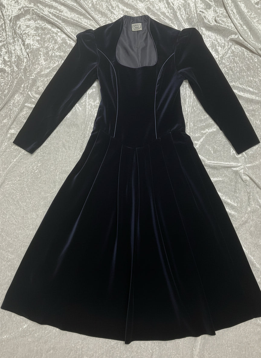 Midnight Blue Velvet Cottagecore Maxi Dress by Laura Ashley