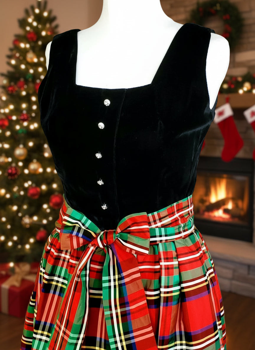 Black Velvet and Tartan Plaid Taffeta Teena Paige Holiday Maxi Dress
