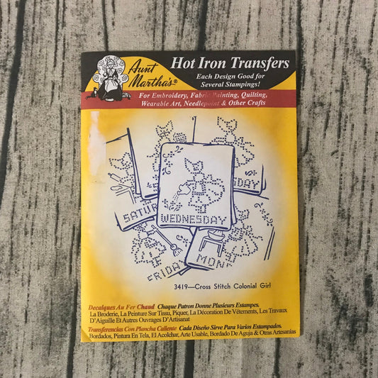 Aunt Martha’s 3419 Cross Stitch Colonial Girl Hot Iron Transfers