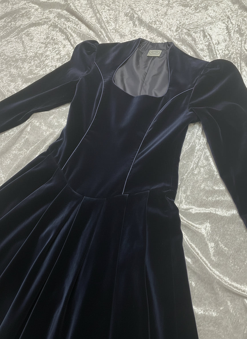 Midnight Blue Velvet Cottagecore Maxi Dress by Laura Ashley