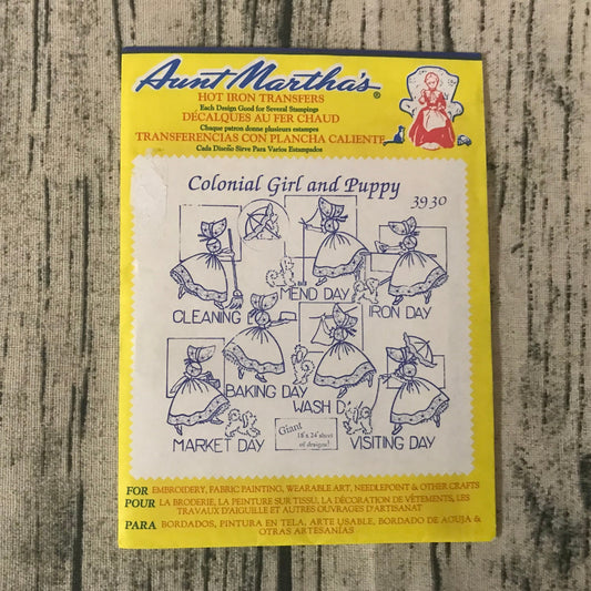 Aunt Martha’s 3930 Colonial Girl and Puppy Hot Iron Transfers