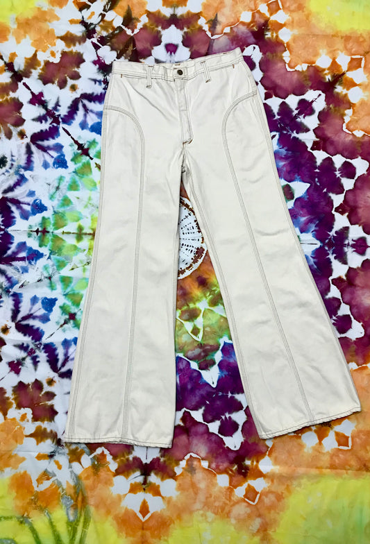 70's Red Snap Saddleback Cream Flare Jeans